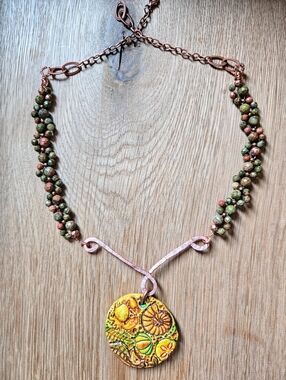 SEALIFE: Genuine Unakite Handwoven In Unique Artisan Assemblage Copper Necklace